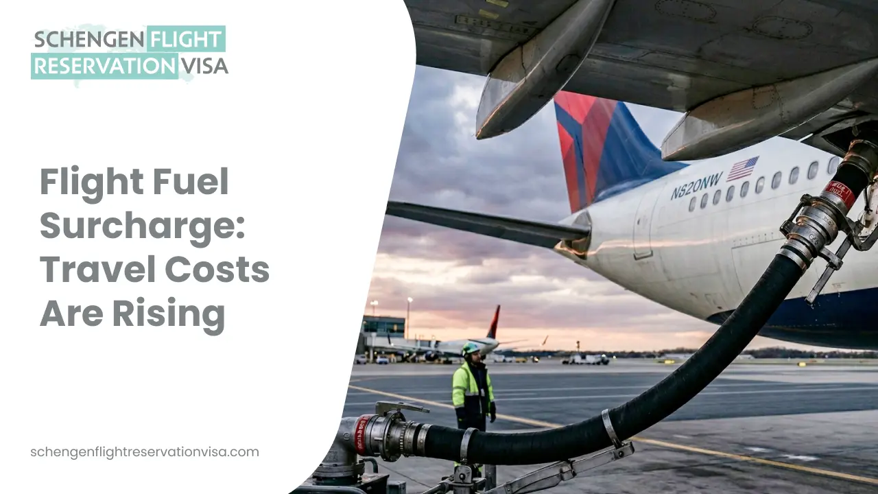 A Delta Air Lines plane at an airport during sunset, featuring a headline about rising flight fuel surcharges.
