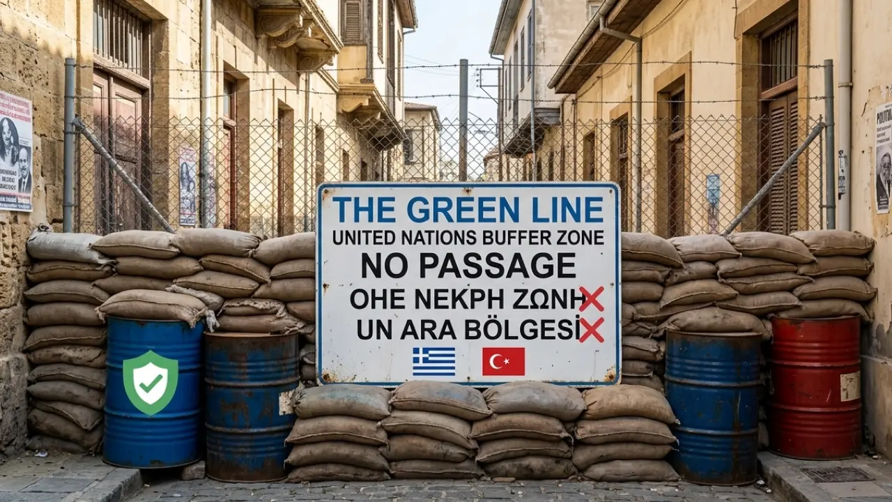 A digitally generated image of a narrow street in Nicosia, blocked by a makeshift barrier of sandbags and blue metal barrels. At the center sits a large, weathered white sign with bold black text that reads THE GREEN LINE UNITED NATIONS BUFFER ZONE NO PASSAGE.