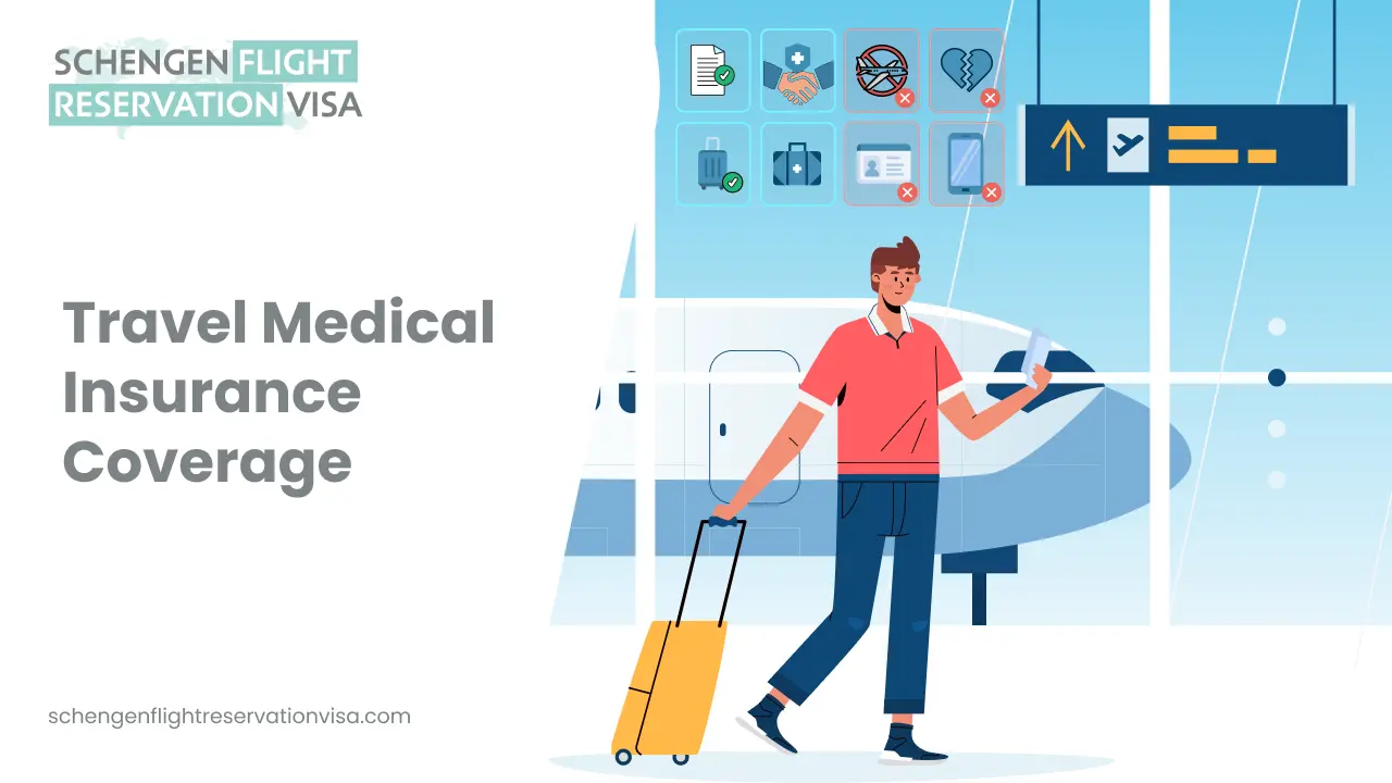 Illustration of a man with a suitcase at an airport terminal. Icons above him show covered items like medical care and luggage, alongside non-covered items like flight cancellations and broken hearts.