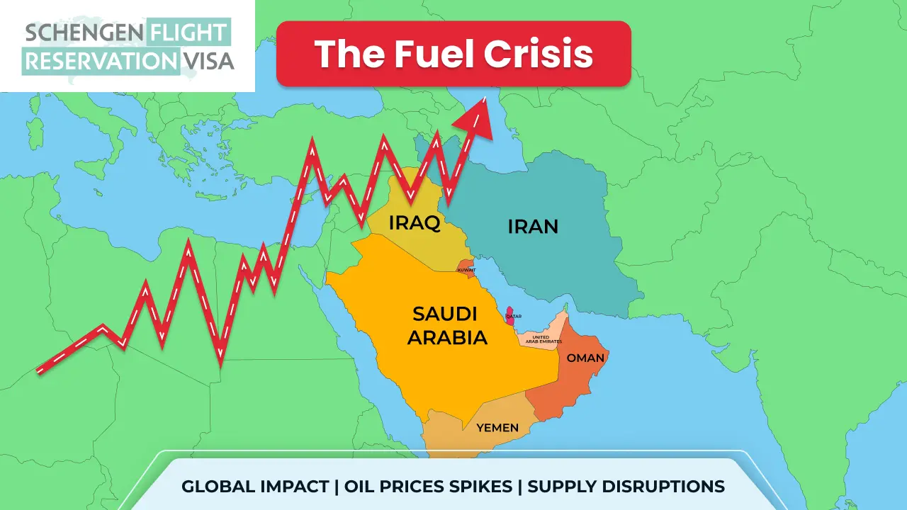 Map of the Middle East with a jagged red arrow trending upward across the region. Title reads 