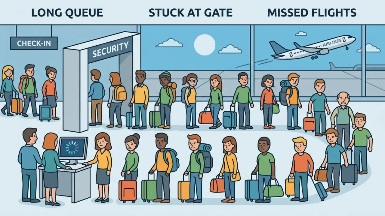 An illustration showing a long queue of frustrated travelers at an airport under headings for 'Long Queue,' 'Stuck at Gate,' and 'Missed Flights,' highlighting the need for a temporary biometric suspension.