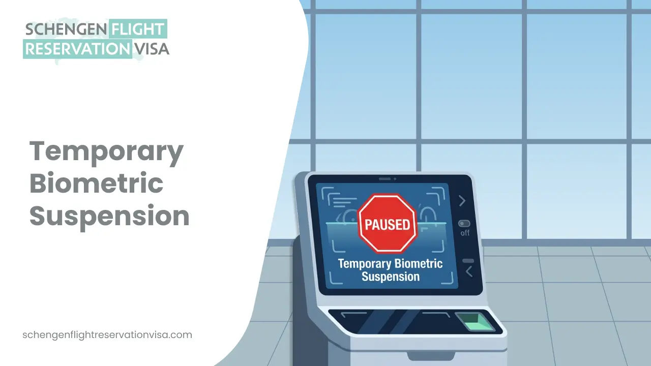 An illustration of a digital biometric scanner at a Schengen border with a red 'PAUSED' stop sign on the screen, representing the temporary biometric suspension policy.